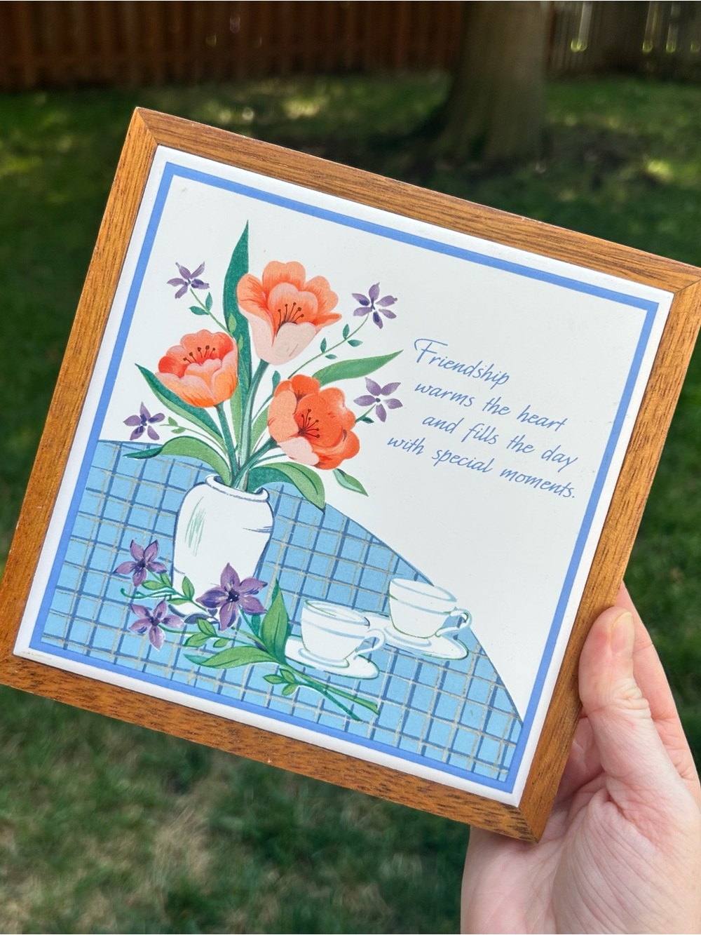 VTG Hallmark Friendship Floral Design Plaque Wood Frame
